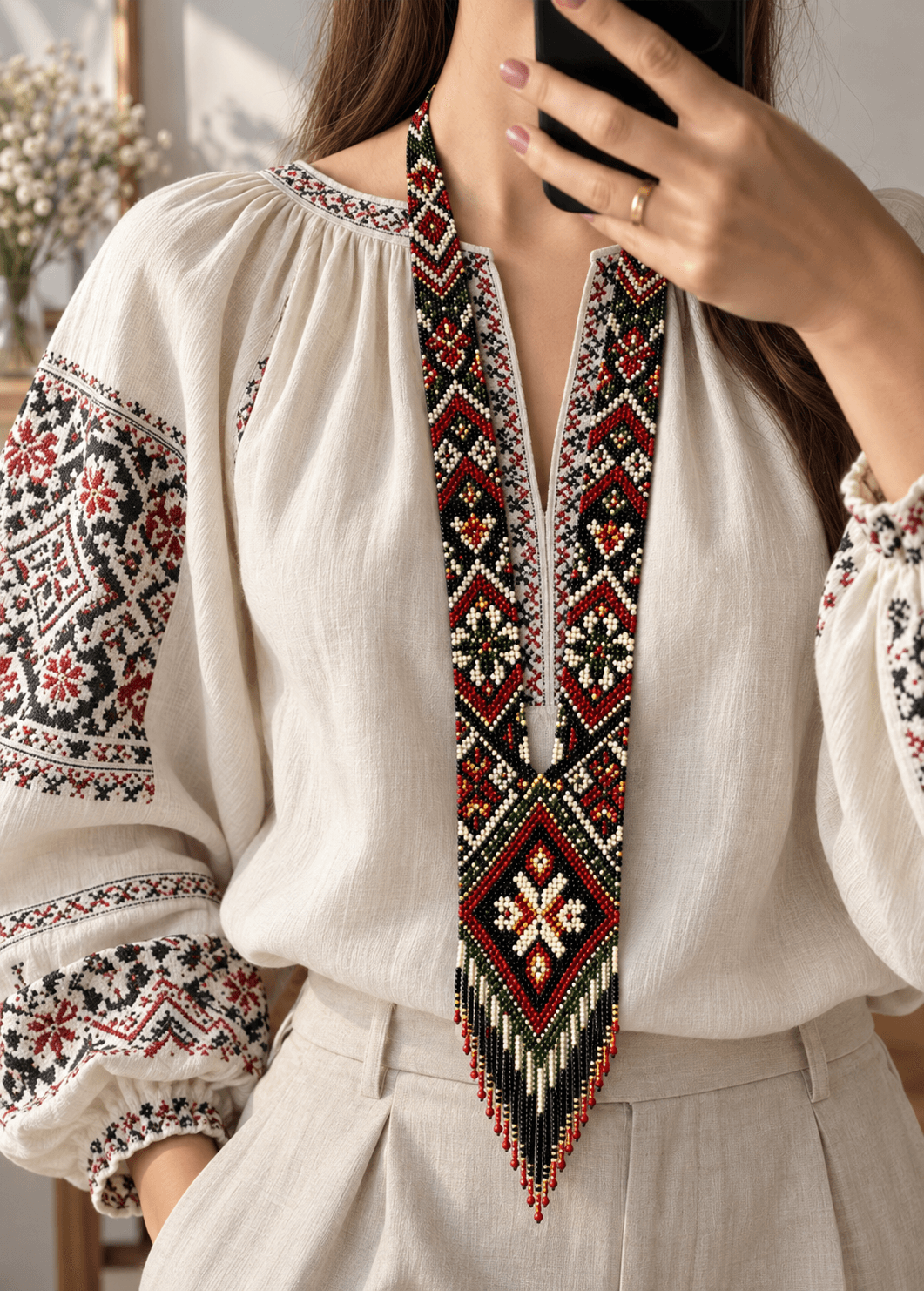 Long geometric beaded necklace worn over a white embroidered blouse