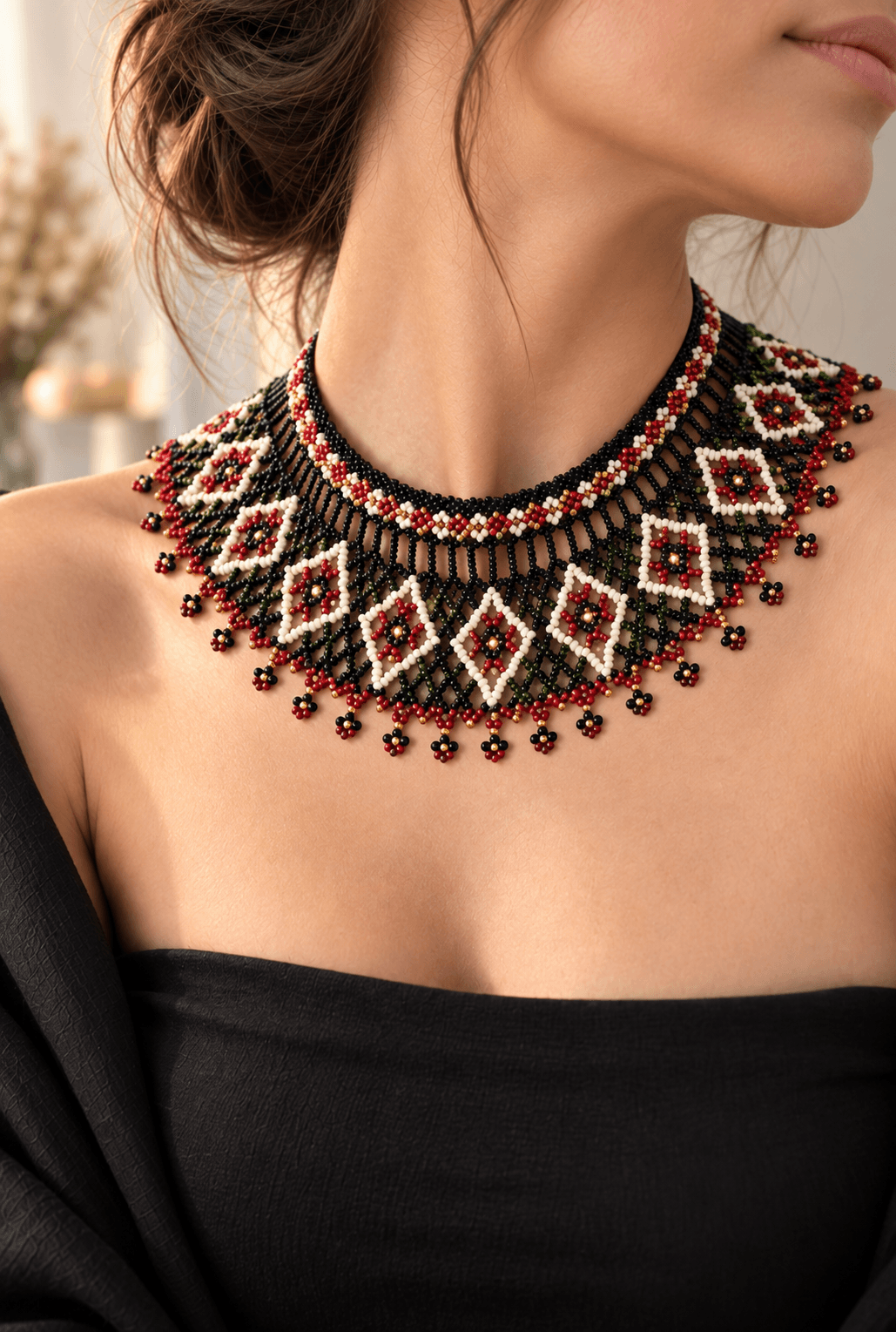 Black beaded necklace with red and white diamond motifs