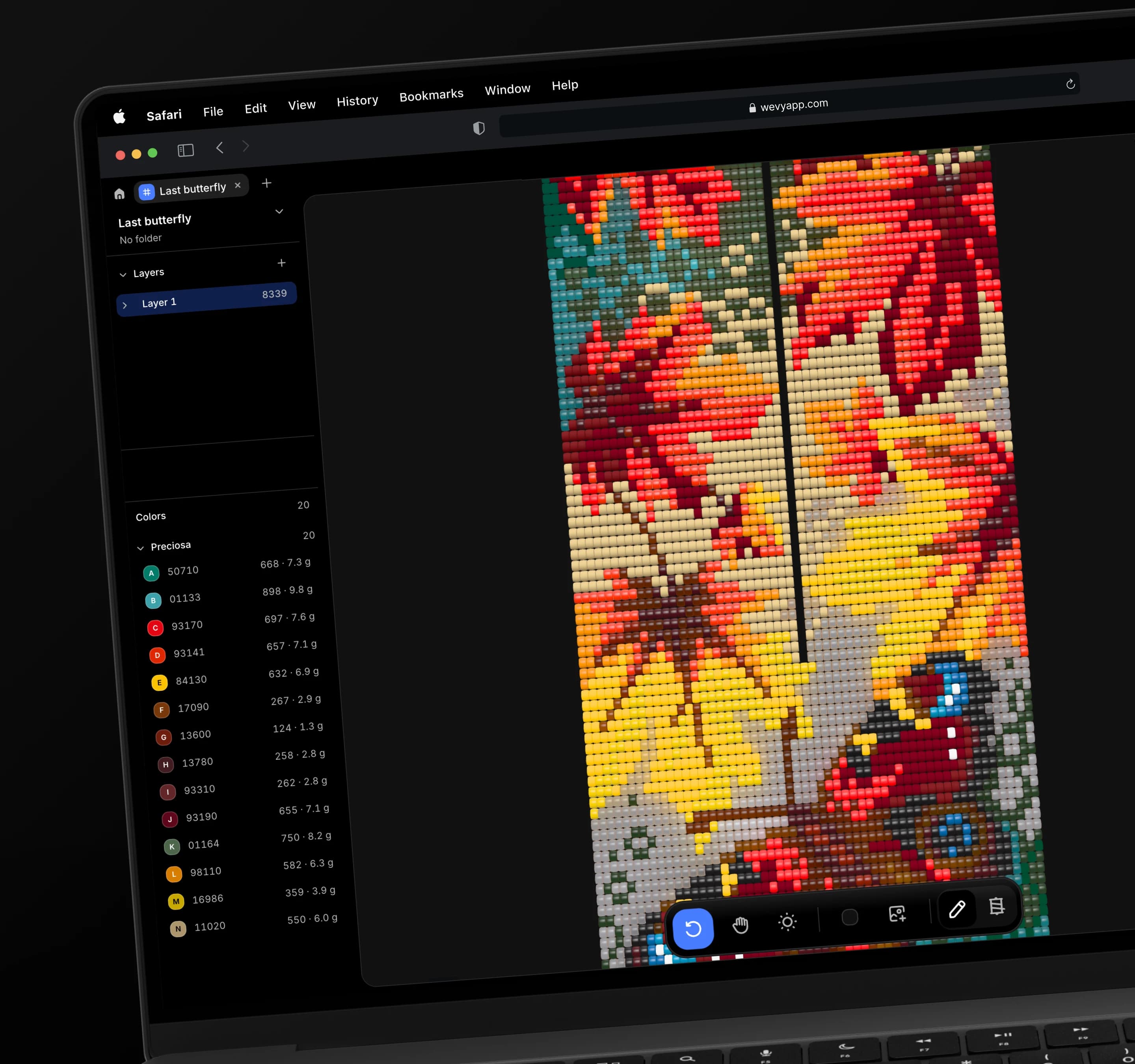 The bead pattern editor showing an autumn butterfly pattern