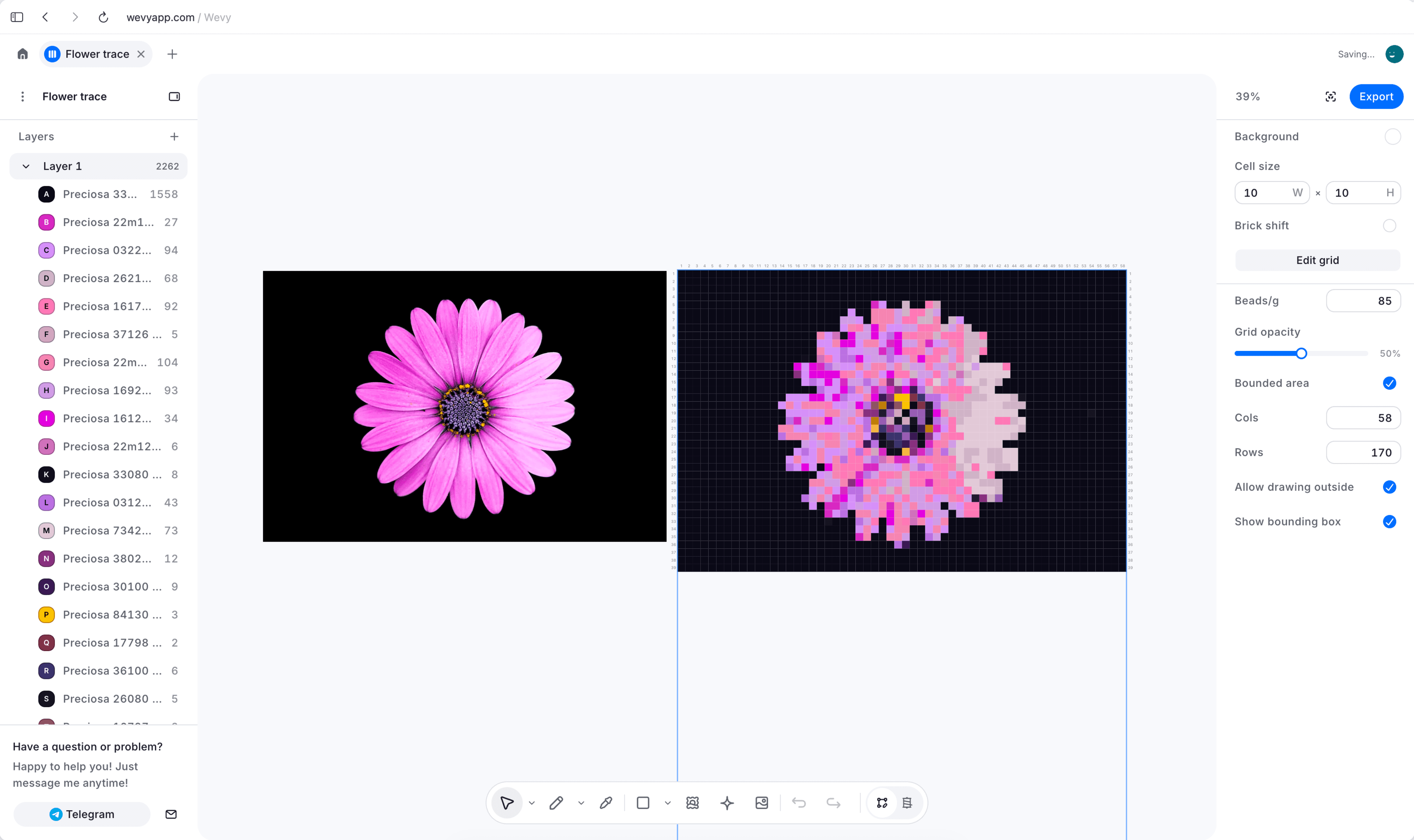 An image aligned under a seed bead pattern grid in Wevy