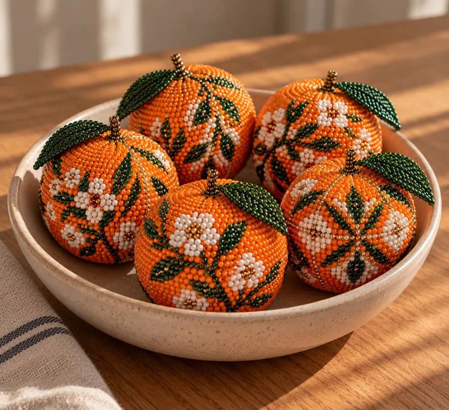 Orange bead crochet balls with white blossoms and beaded leaves in a bowl