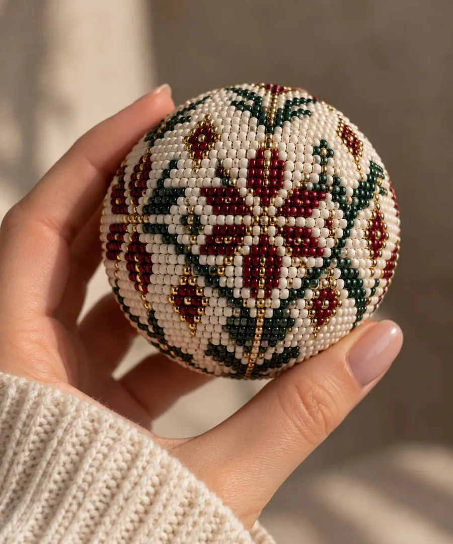 Bead crochet ball in white, burgundy, green and gold held in a hand