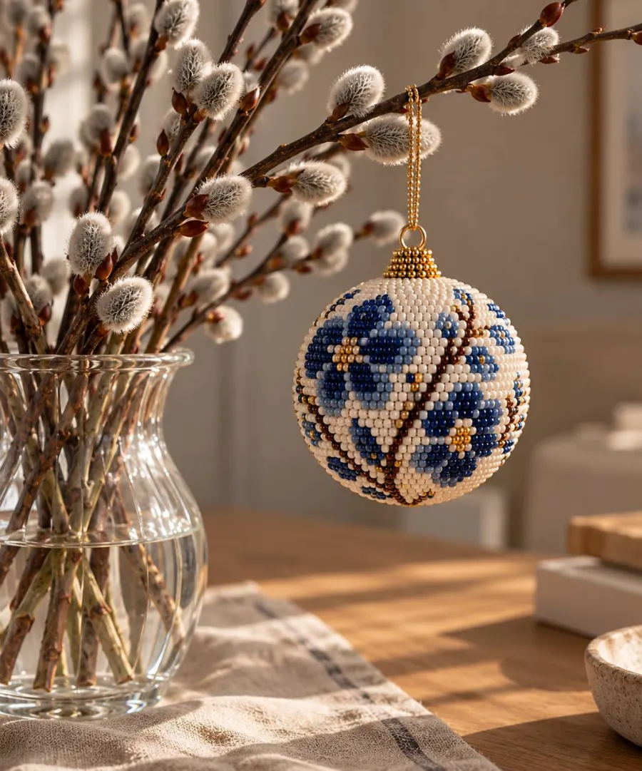 White and blue bead crochet ball ornament hanging from willow branches