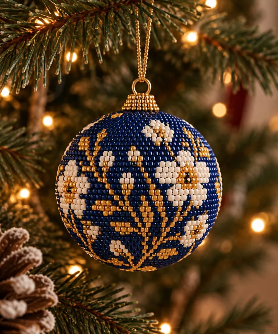 Navy, gold and white bead crochet ball ornament on a Christmas tree