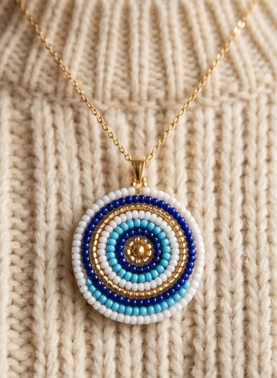 Round pendant of concentric seed bead rings in blue, white and gold