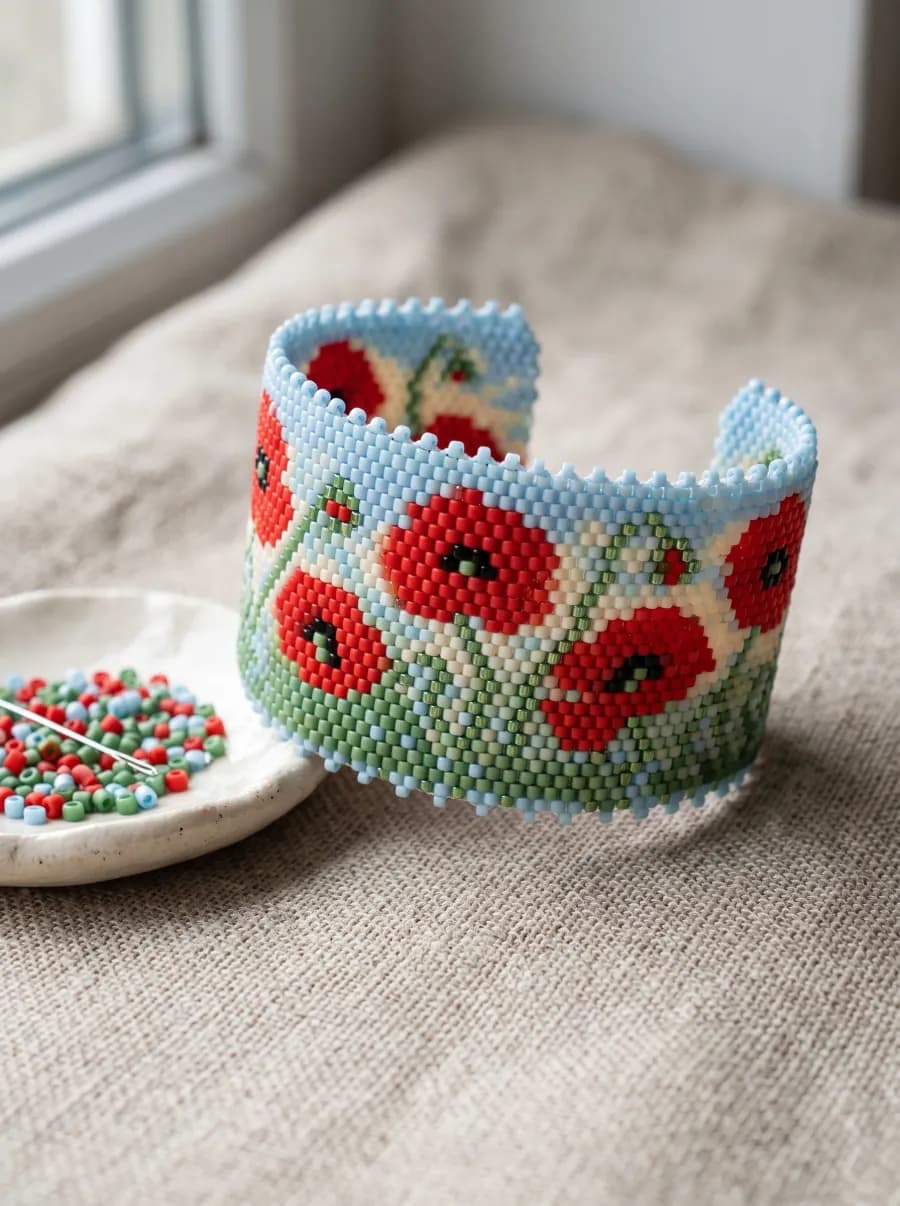 Wide peyote stitch cuff with red poppies on a blue and green field