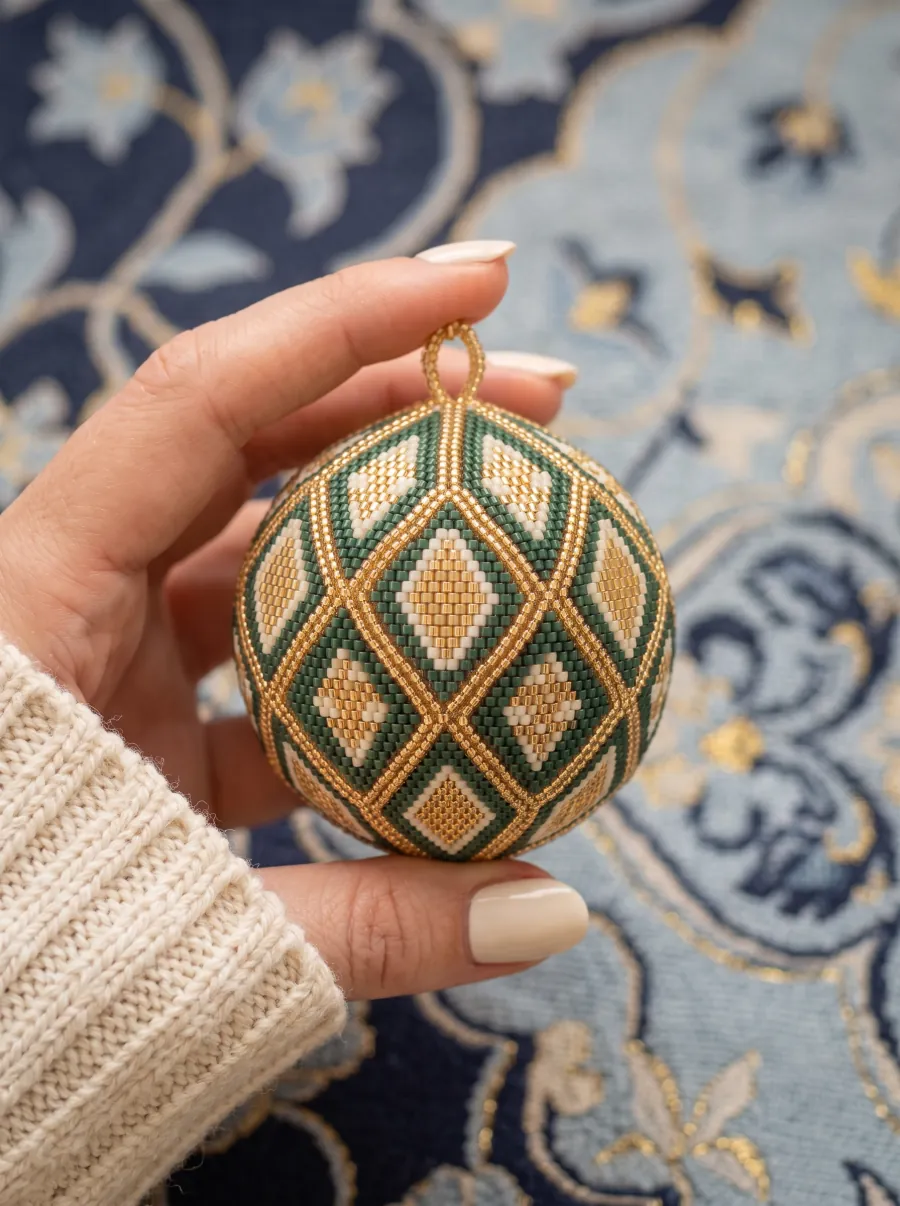 Green, cream and gold 3D peyote ball of zipped diamond faces held in a hand