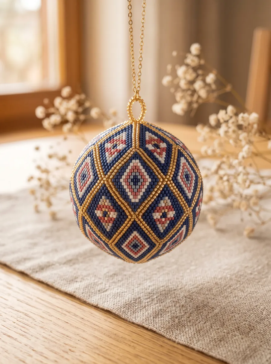 Navy, pink and gold beaded peyote ball ornament hanging on a gold chain