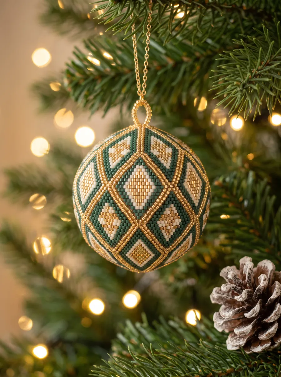 Green and gold peyote ball ornament with diamond faces on a Christmas tree