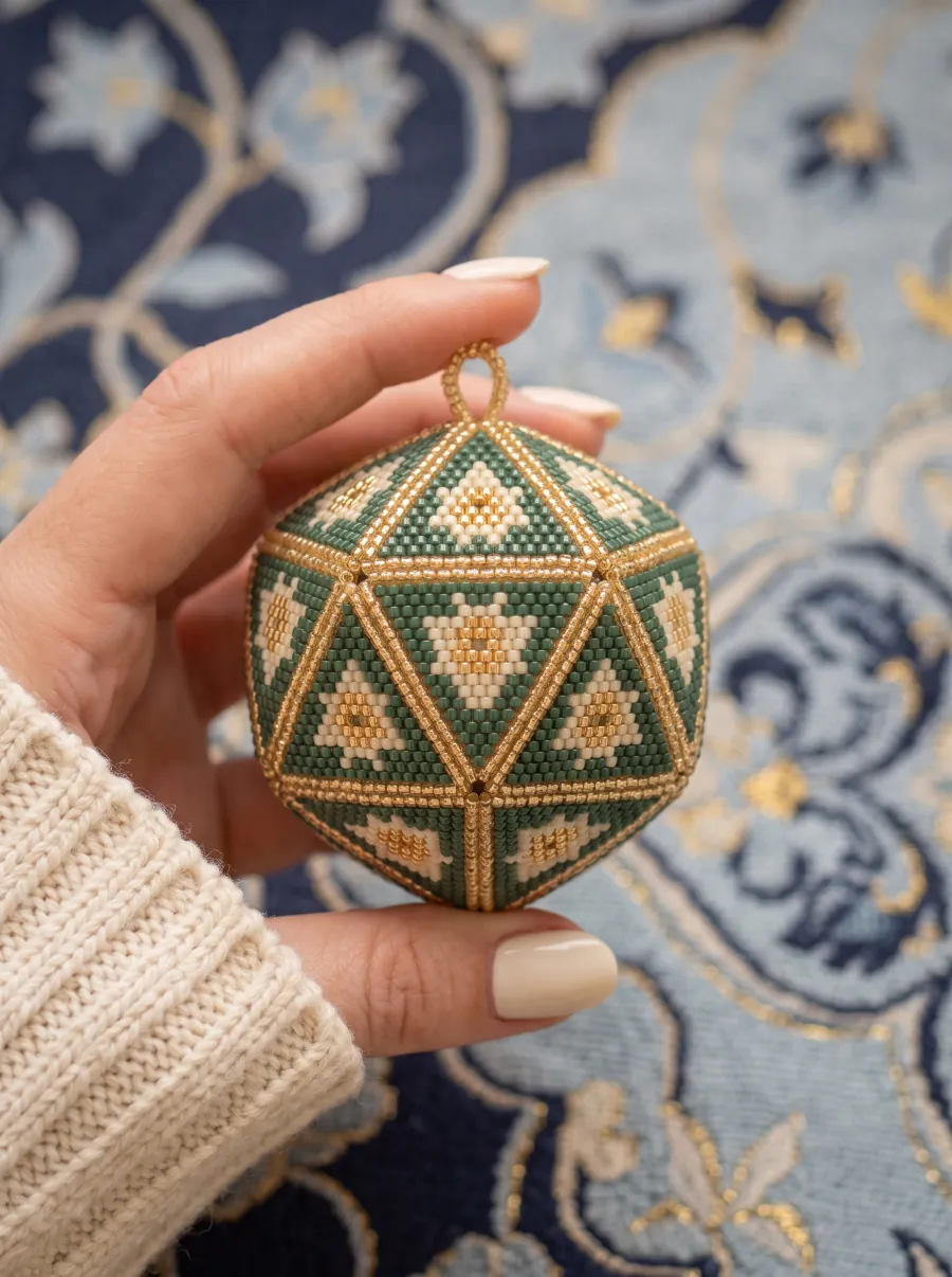 Green and gold peyote ball made of triangle faces, held in a hand