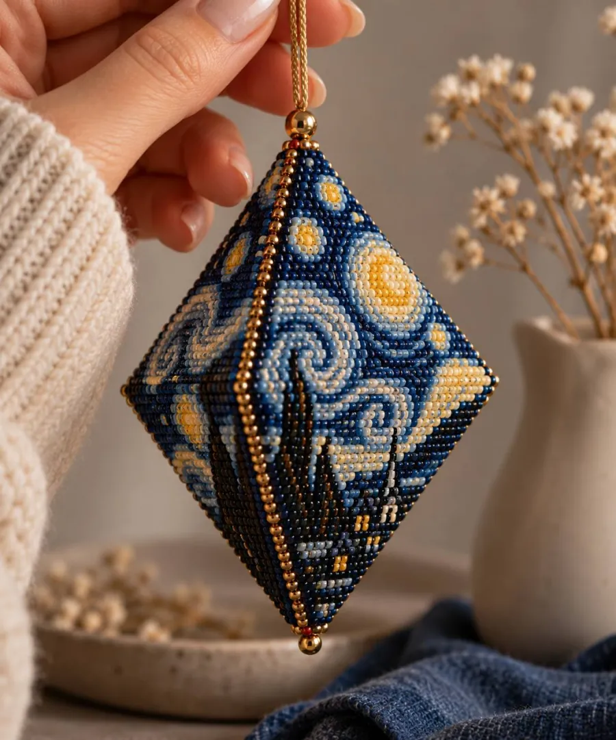 3D peyote pod ornament with a starry night swirl pattern, held in a hand