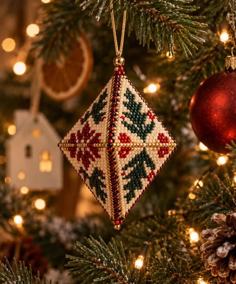 Cream, red and green peyote pod with a Ukrainian motif on a Christmas tree