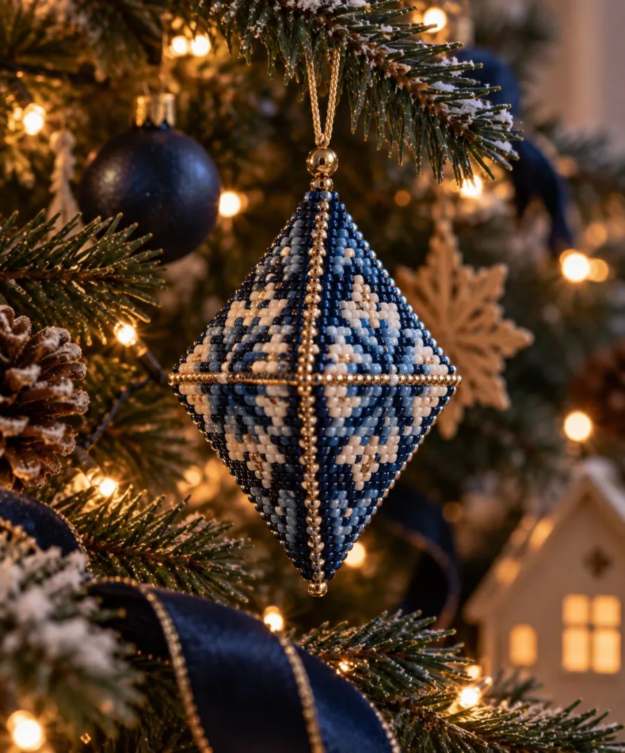 Navy, sky blue and cream peyote pod ornament with gold seams on a Christmas tree