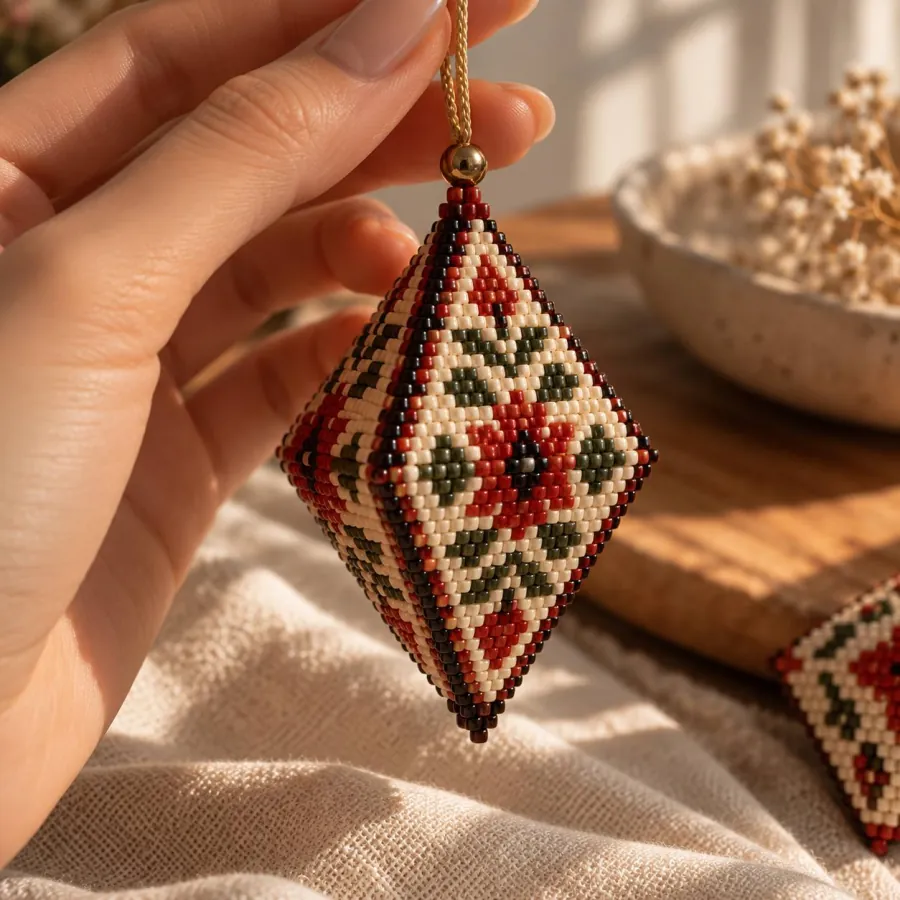 Red, cream and olive peyote pod with a geometric motif held on a cord