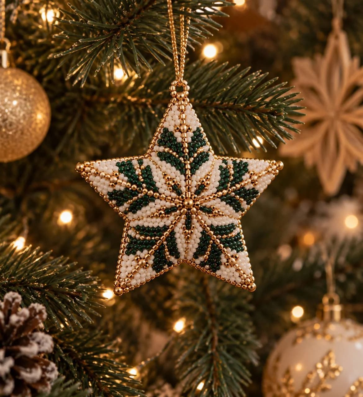 3D peyote star ornament in white, green and gold beads on a Christmas tree