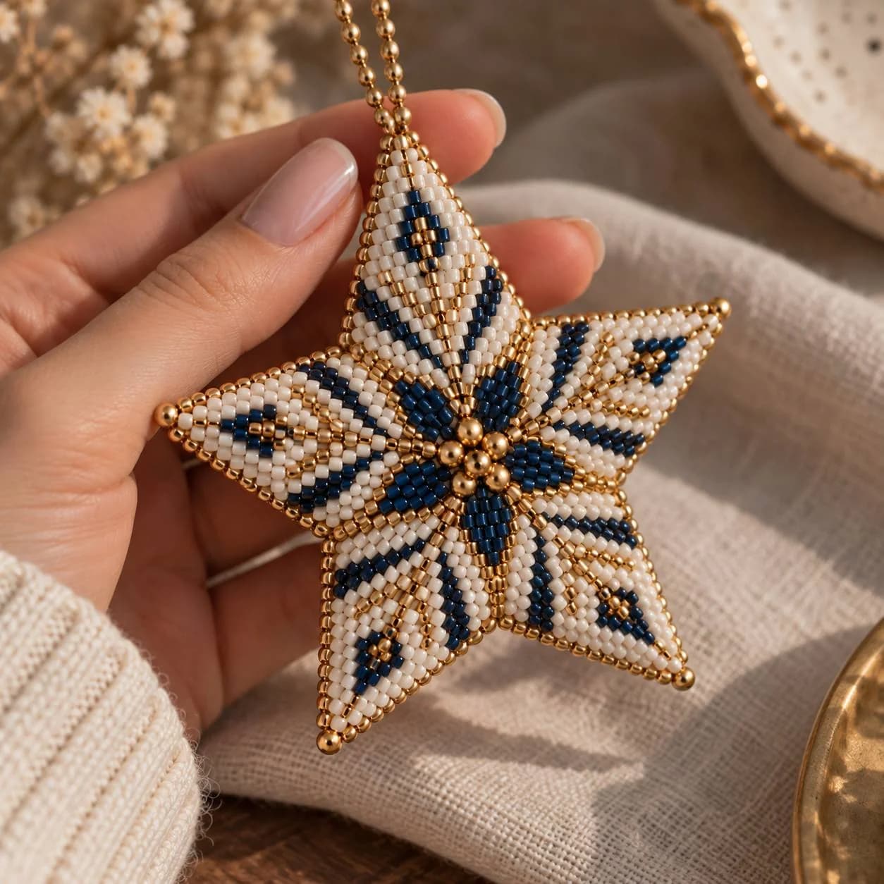 Beaded peyote star in white, navy and gold held in a hand
