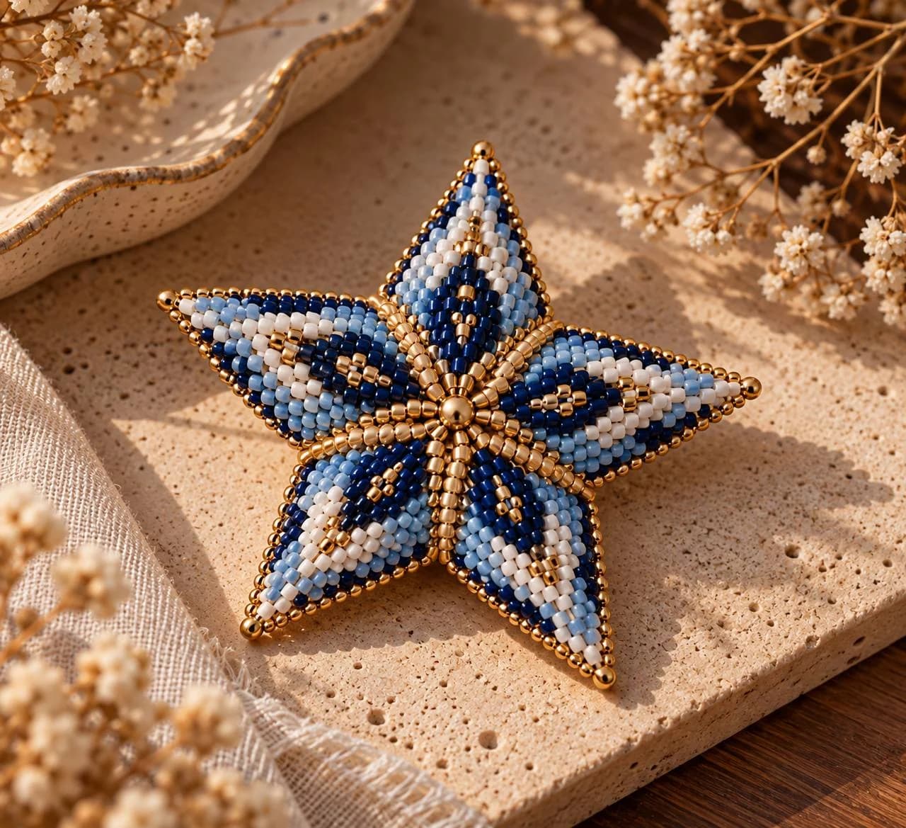 Puffy 3D peyote star in navy, light blue and gold seed beads