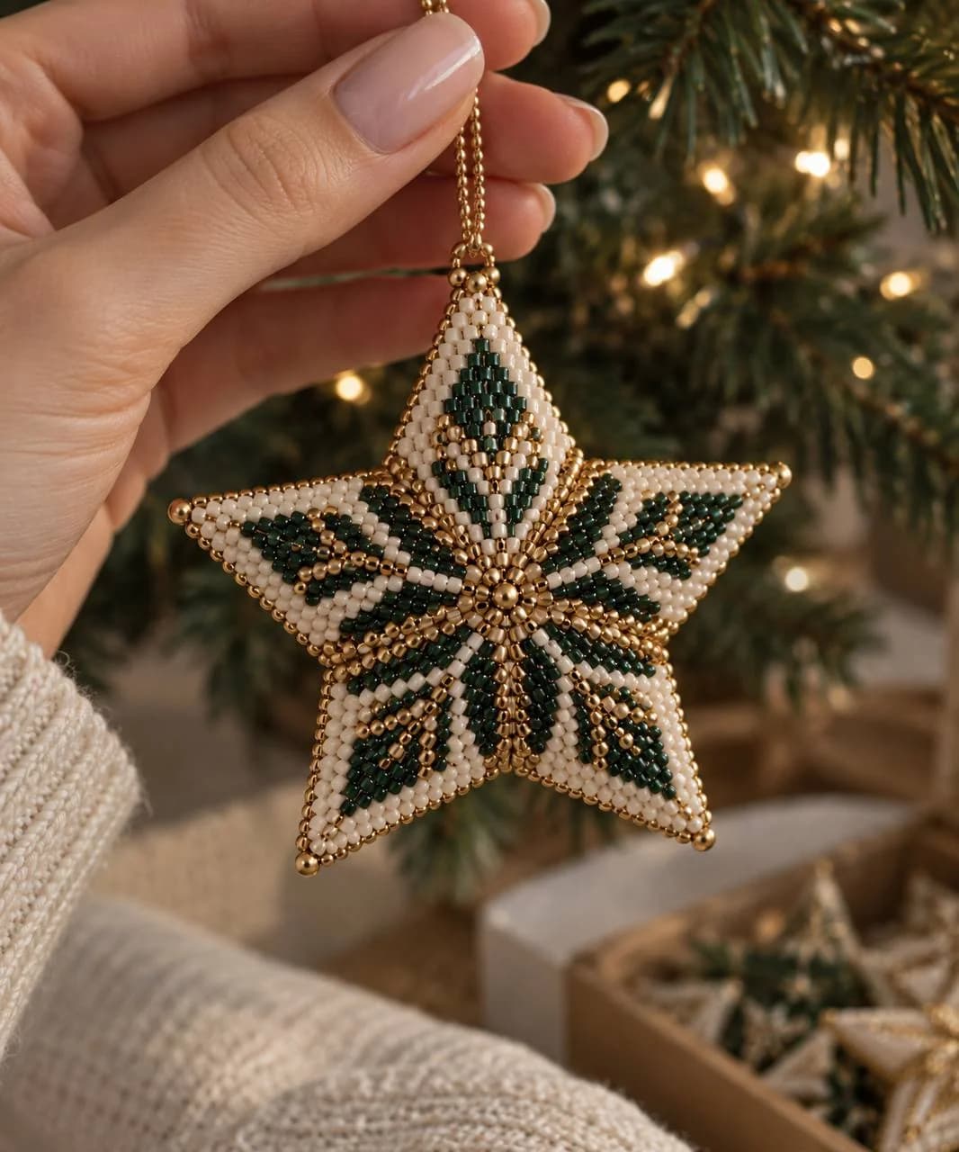 Green and gold beaded star ornament held in front of a Christmas tree