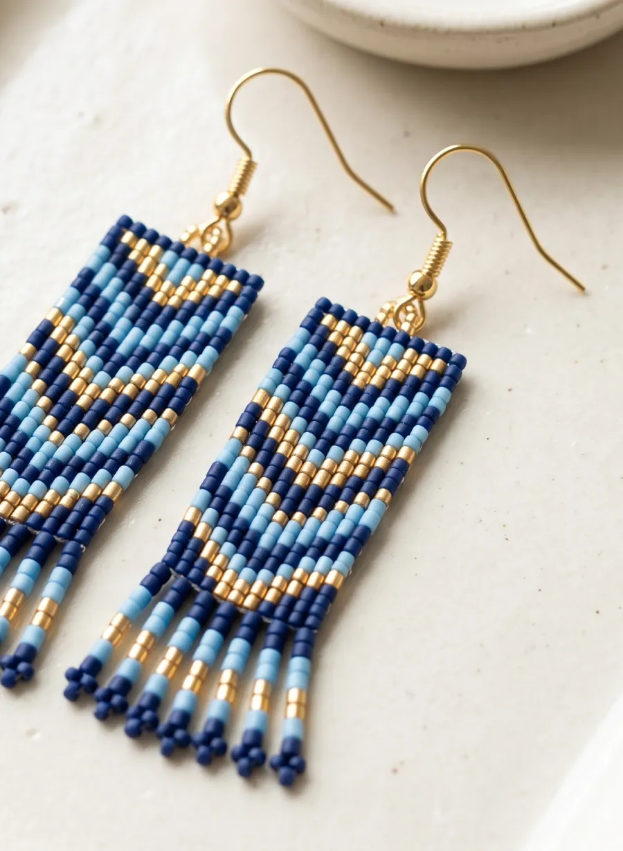 Square stitch fringe earring with navy, sky blue and gold chevrons