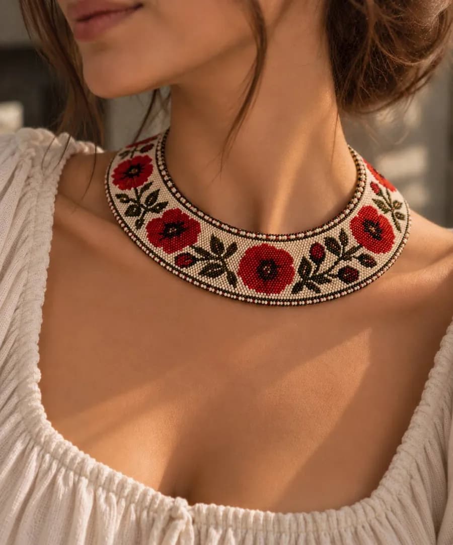 Cream sylianka collar with red poppies and dark green leaves, worn