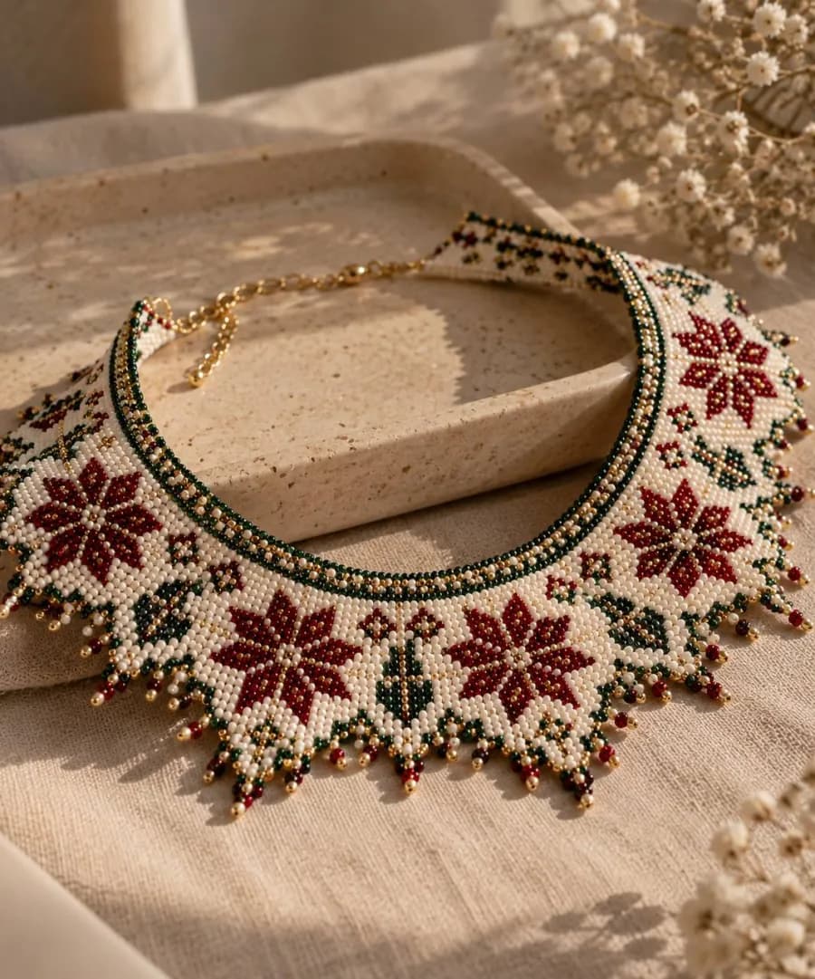 White sylianka collar with burgundy eight-petal stars and gold-tipped fringe on a stone tray