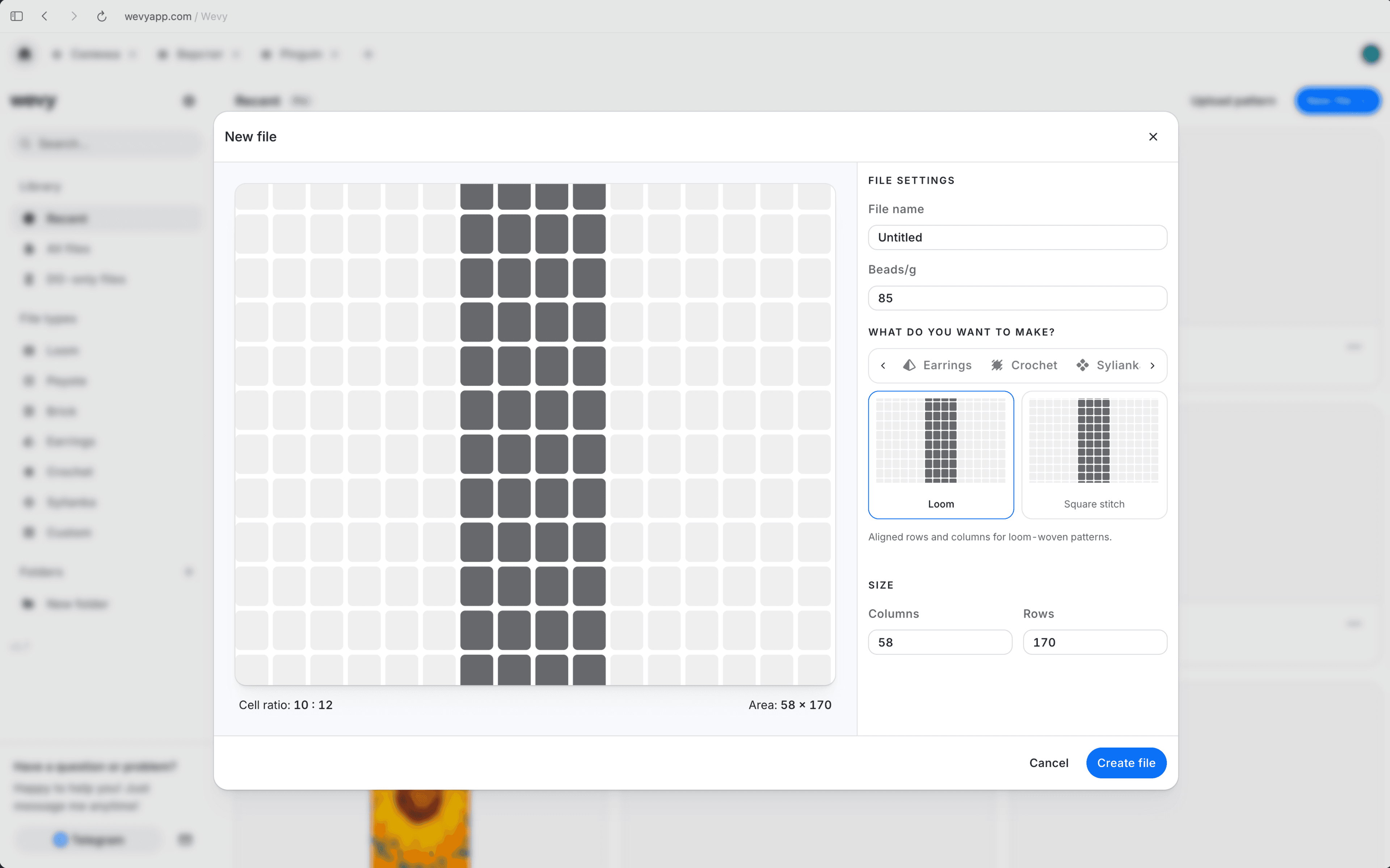 Choosing a bead pattern type and size in Wevy