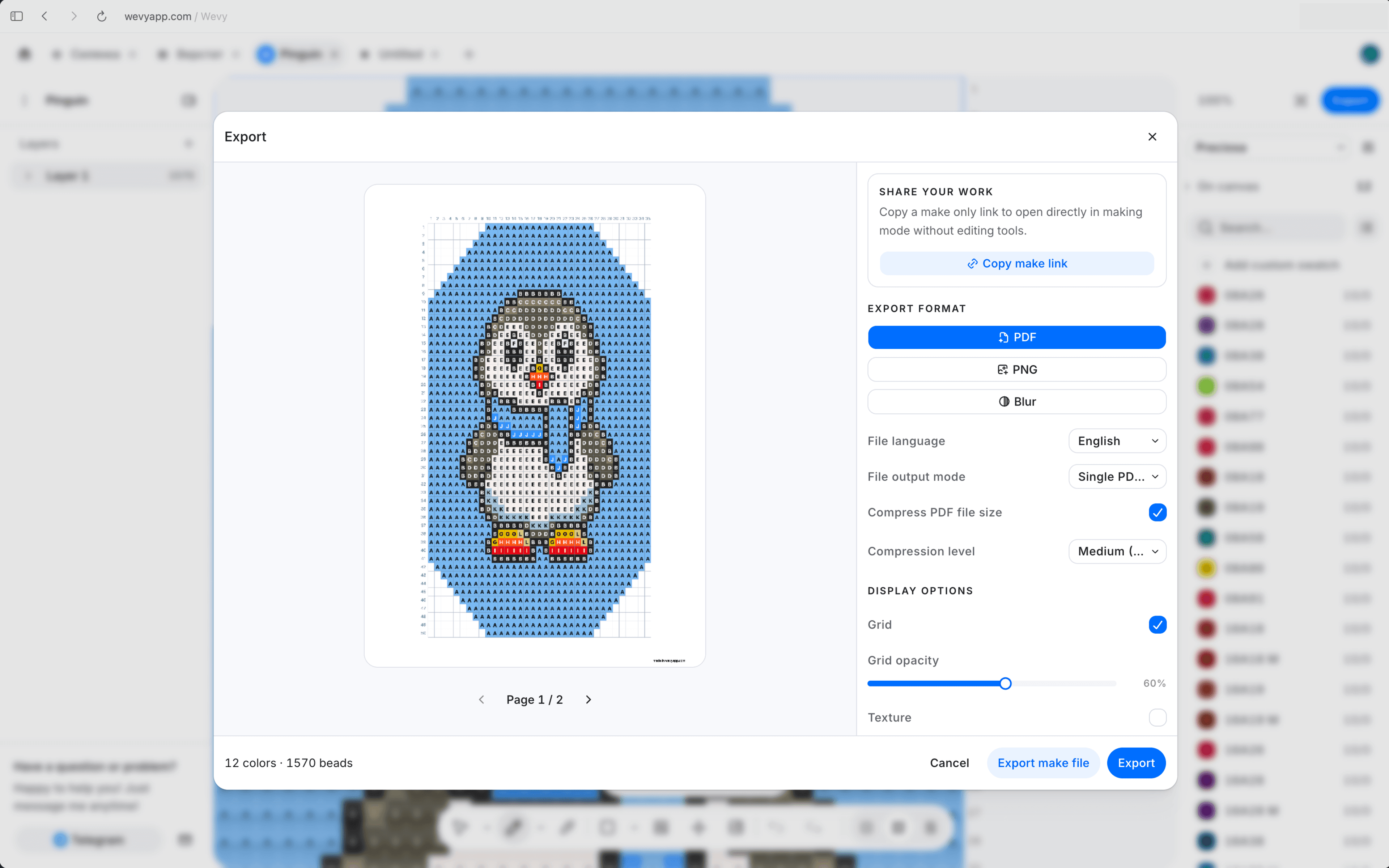 A printable PDF bead pattern preview and export settings in Wevy