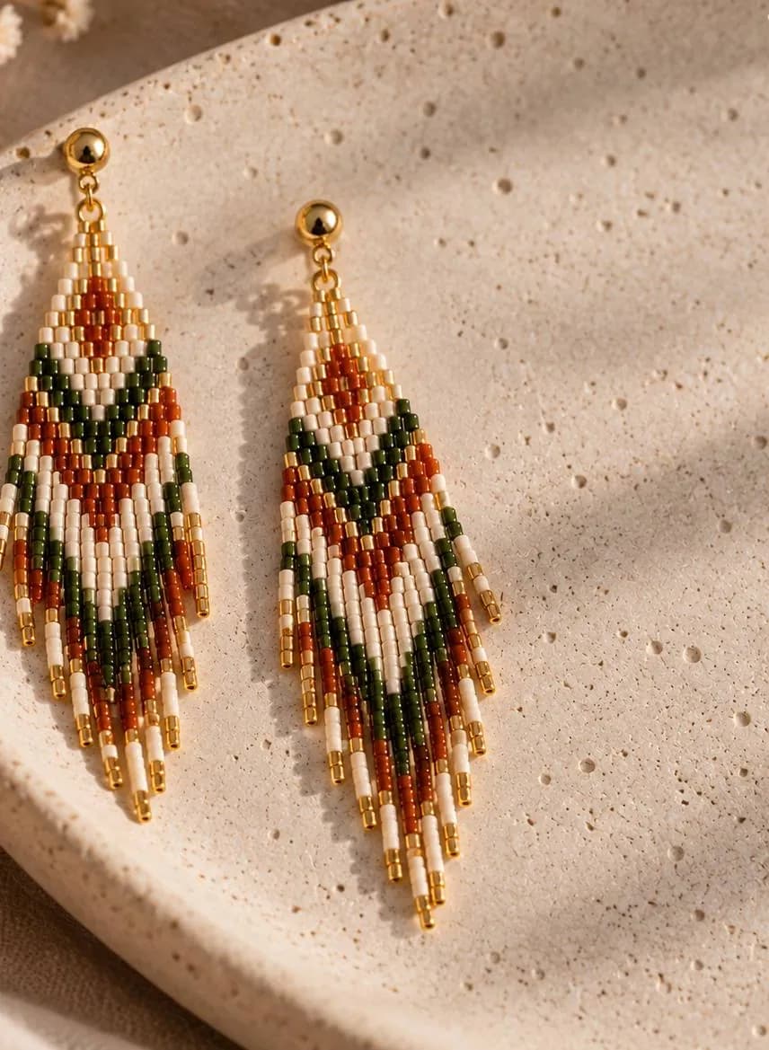 Pair of beaded fringe earrings with olive, rust and cream chevrons on a stone tray