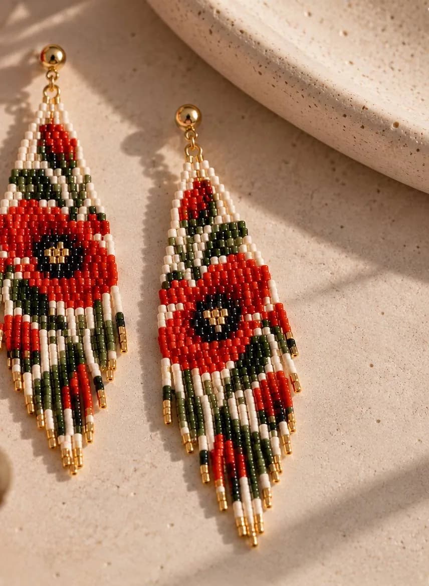 Pair of beaded fringe earrings with red poppies beside fresh poppies
