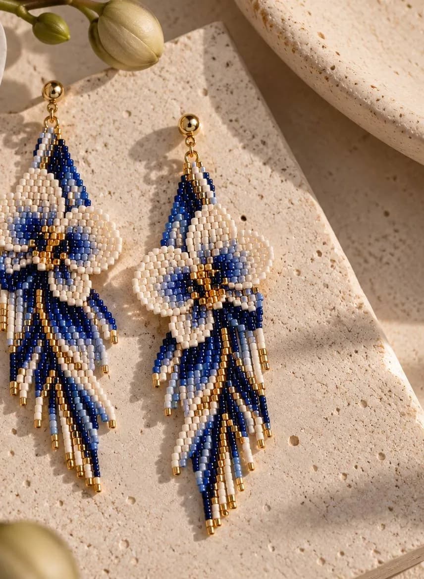 Pair of beaded fringe earrings with a white and blue orchid