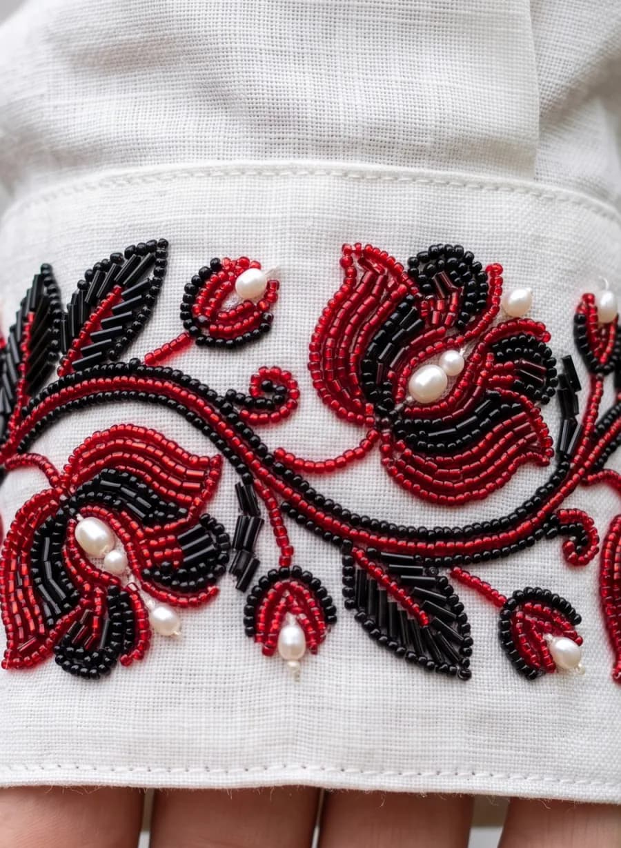 Red and black bead-embroidered floral cuff with pearls on a white linen shirt