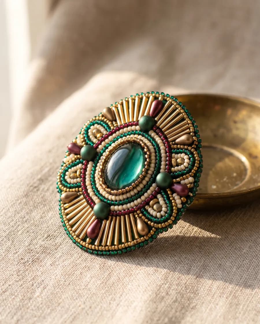 Bead-embroidered brooch with a green cabochon, bugle beads and drops