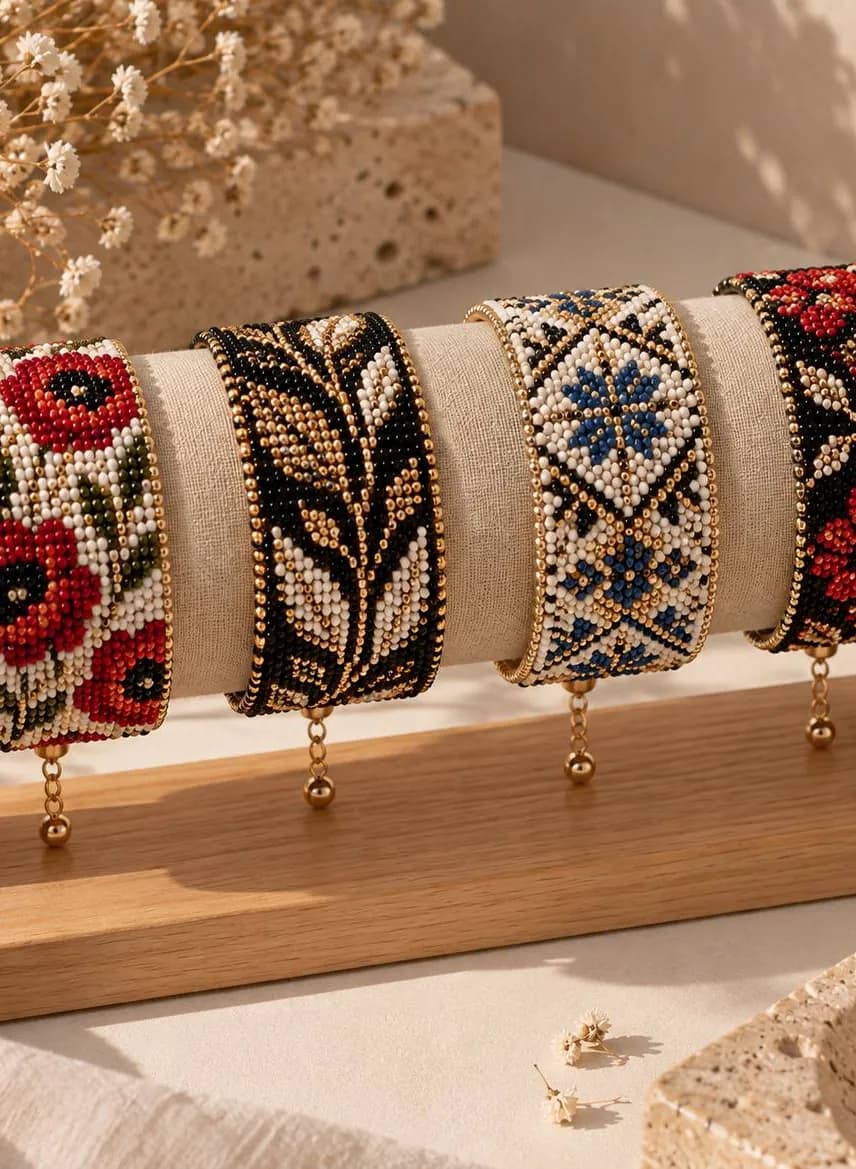 Loom-woven beaded bracelets with poppies, wheat and Ukrainian ornaments on a stand