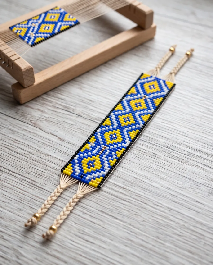 Blue and yellow loom bracelet with braided warp ties beside a bead loom