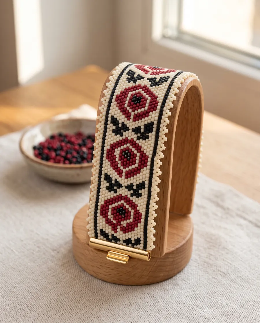 Peyote cuff with a red, black and cream Ukrainian rose ornament on a wooden stand