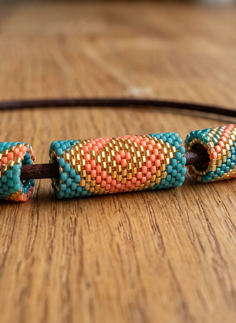 Tubular peyote beads in teal, coral and gold on a leather cord