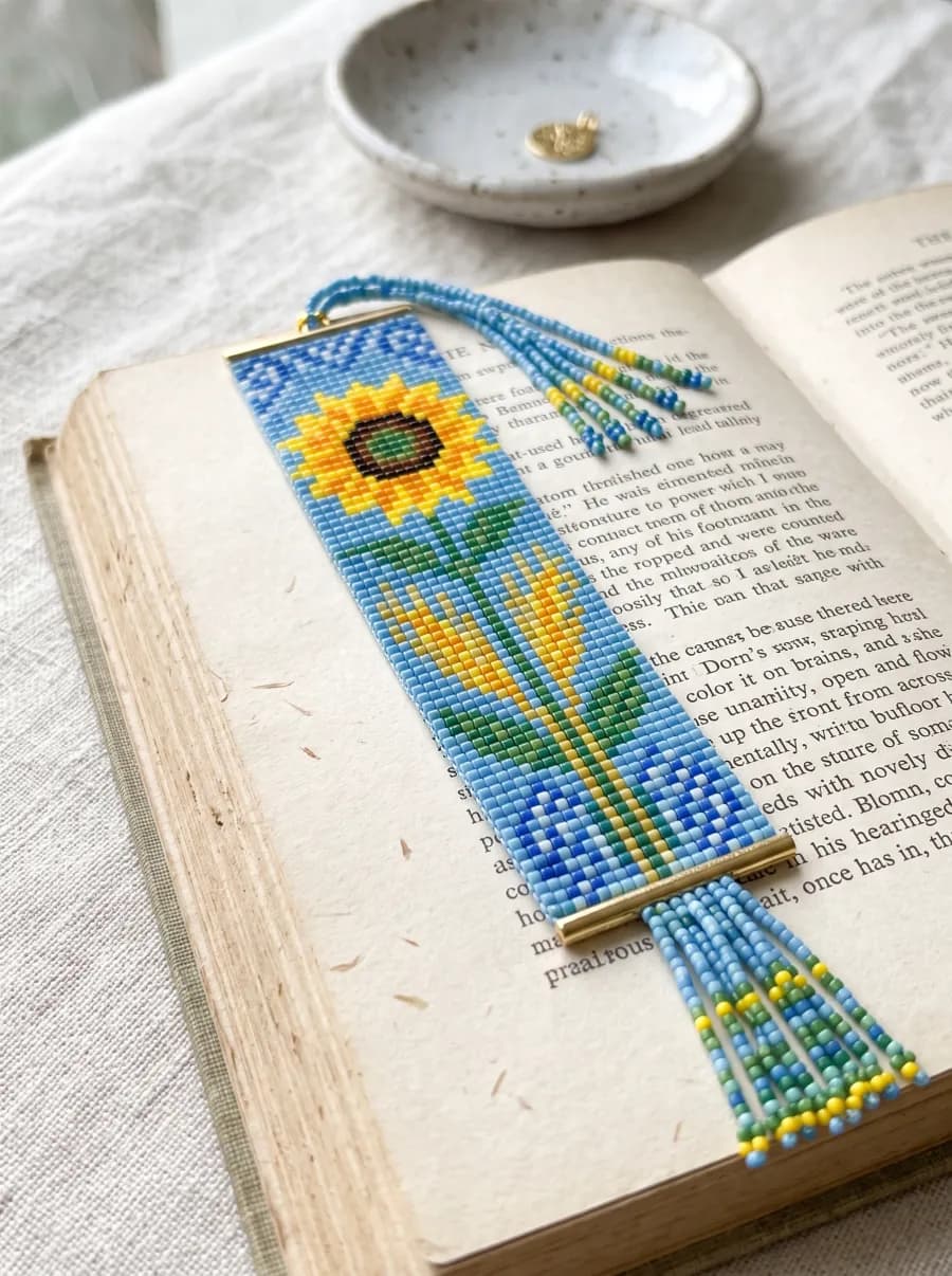 Square stitch bookmark with a sunflower and wheat on blue, across an open book
