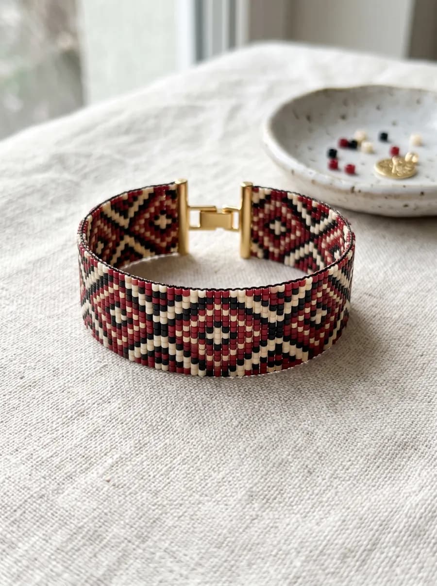 Square stitch cuff bracelet with a red, black and cream Ukrainian diamond pattern